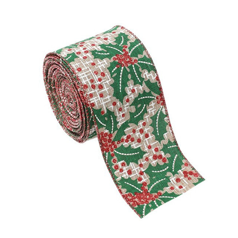 Panglica Decorativa Pentru Craciun, Ornament Brad Si Ambalare Cadouri, Material Textil Modelat, Khaki Cu Imprimeu Festive, 200 x 6.3 cm