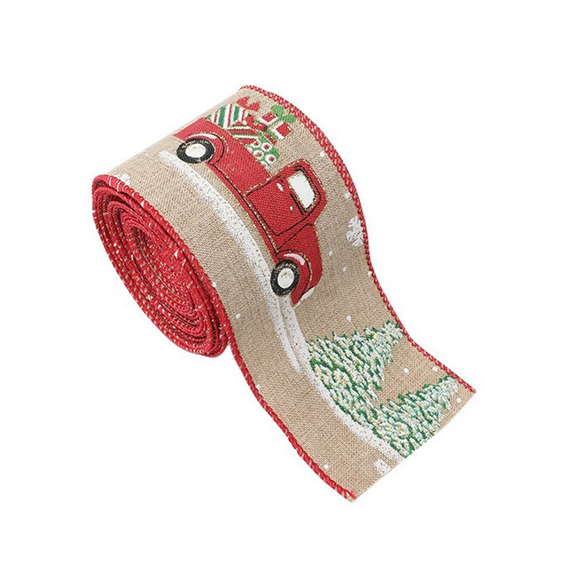 Panglica Decorativa pentru Craciun, Ornament pentru Brad si Cadouri, Imprimeu Masina Rosie, Material Textil Modelabil, Khaki, 200 x 6.3 cm