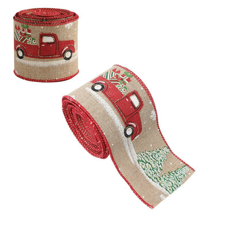Panglica Decorativa pentru Craciun, Ornament pentru Brad si Cadouri, Imprimeu Masina Rosie, Material Textil Modelabil, Khaki, 200 x 6.3 cm