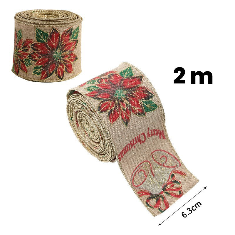 Panglica Decorativa Pentru Craciun, Ornament Brad Si Cadouri, Imprimeu Floare Rosie Si Merry Christmas, Material Textil, 200 x 6.3 cm, Khaki