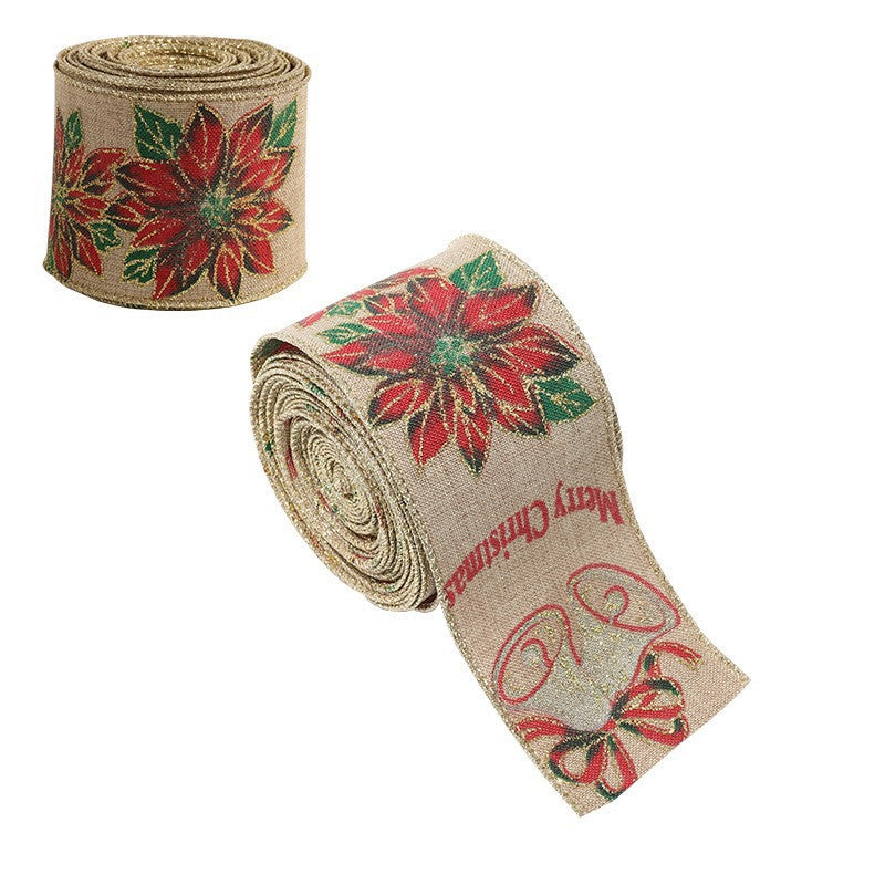 Panglica Decorativa Pentru Craciun, Ornament Brad Si Cadouri, Imprimeu Floare Rosie Si Merry Christmas, Material Textil, 200 x 6.3 cm, Khaki