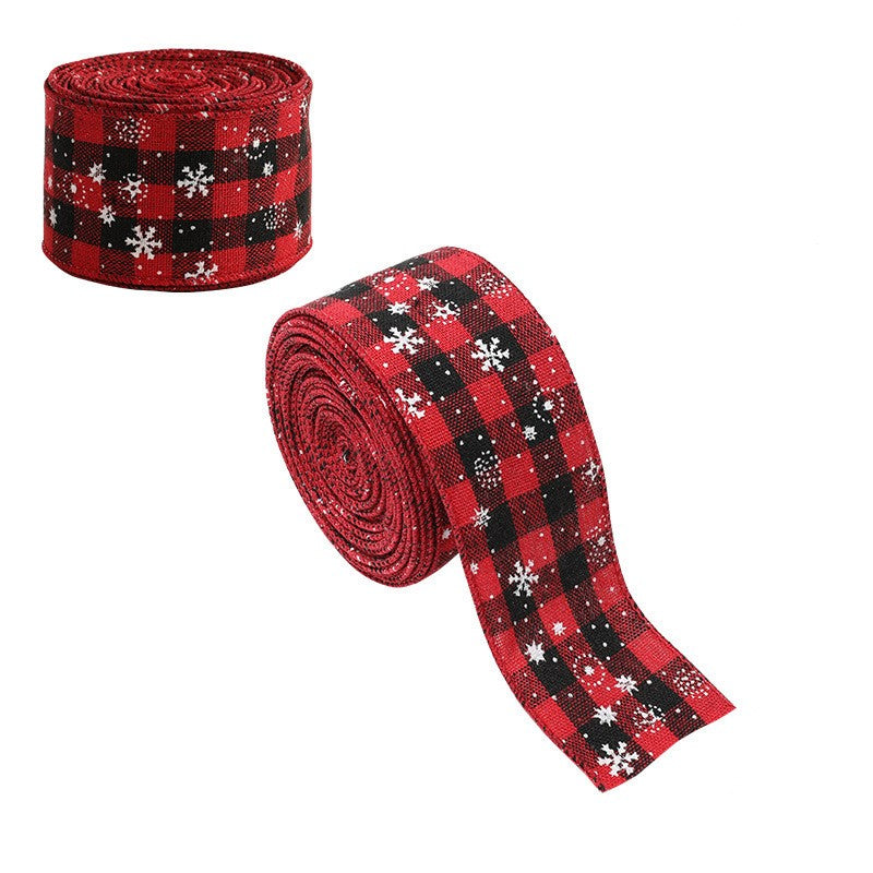 Panglica Decorativa pentru Craciun, Ornament Brad si Cadouri, Model Carouri cu Fulgi de Zapada, Material Textil, 200 x 4.8 cm, Rosu/Negru