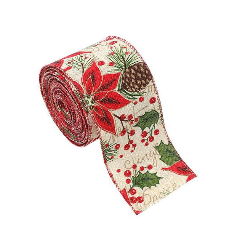 Panglica Decorativa pentru Craciun, Ornament pentru Brad si Cadouri, Design Conuri si Floare Rosie, Material Textil Modelabil, Khaki, 200 x 6.3 cm