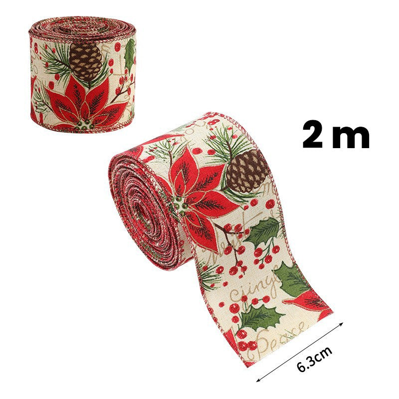 Panglica Decorativa pentru Craciun, Ornament pentru Brad si Cadouri, Design Conuri si Floare Rosie, Material Textil Modelabil, Khaki, 200 x 6.3 cm