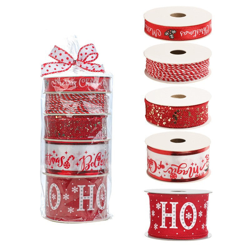Panglica Decorativa Craciun, Set 4 Role si 1 Rulon Ata, Model Ho Ho Ho, Material Textil pentru Cadouri si Brad, 2 m, Rosu si Alb