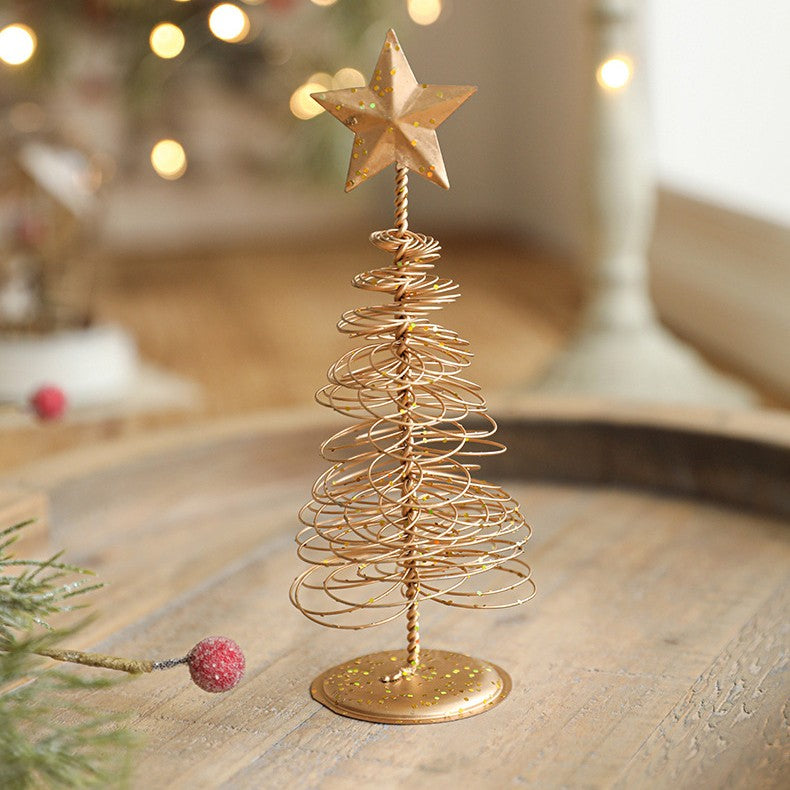Bradut Decorativ De Craciun, Ornament Masa Cu Design Spiralat Si Stea, Metal, Auriu, 16 x 6.5 cm