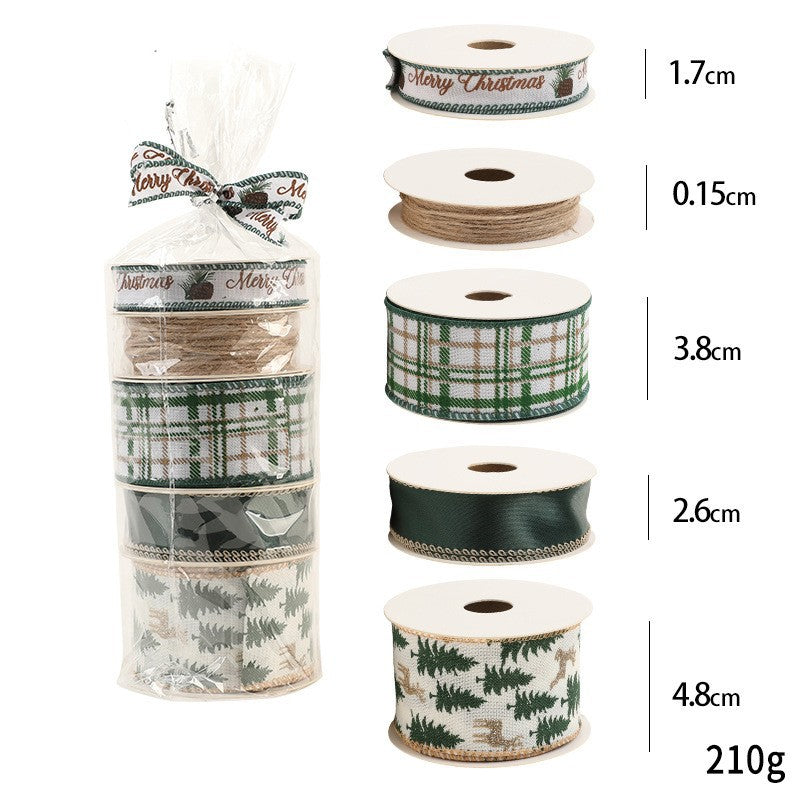 Set Panglici Decorative Craciun, Panglica pentru Cadouri si Brad, Model Braduti, Include Rulon Ata Maro, Alb si Verde, 4 Bucati x 2 m