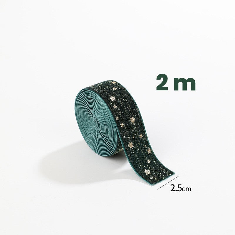 Panglica Decorativa de Craciun, Model cu Stele Aurii si Aspect Catifelat, Panza pentru Ornamente Brad si Cadouri, 200 x 2.5 cm, Verde
