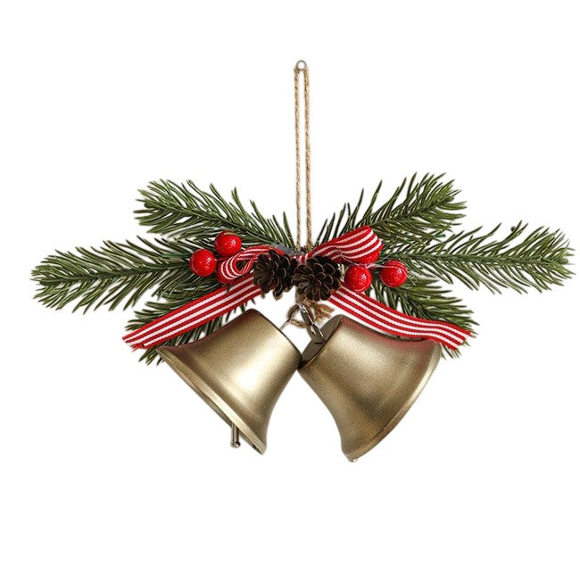 Decoratiune de Craciun pentru Brad, Model 2 Clopotei Metalici cu Crenguta Artificiala si Conuri, Metal si Textil, 23 x 12 cm, Albastru Fier si Auriu