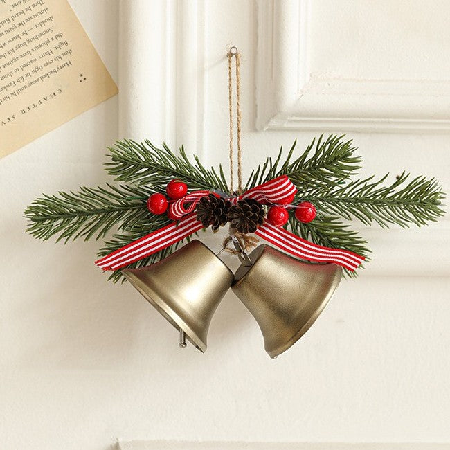 Decoratiune de Craciun pentru Brad, Model 2 Clopotei Metalici cu Crenguta Artificiala si Conuri, Metal si Textil, 23 x 12 cm, Albastru Fier si Auriu