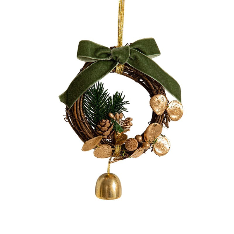 Ornament de Brad Tip Coronita de Craciun cu Clopotel, Flori Aurii si Conuri Naturale, Panglica Velvet Verde, 14 x 10 cm, Verde