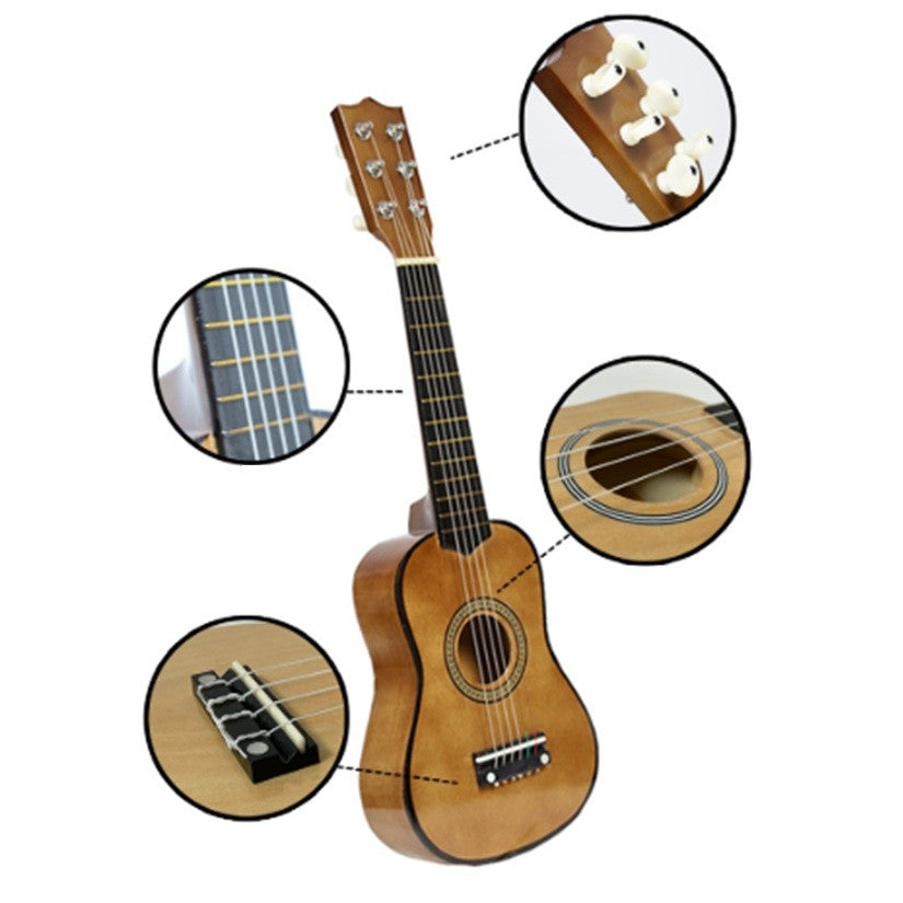 Chitară pentru Copii și Începători, Instrument Muzical Educativ cu 6 Corzi din Nailon, Lemn și Plastic, 63.5 x 22 x 5.8 cm, Maro Lucios