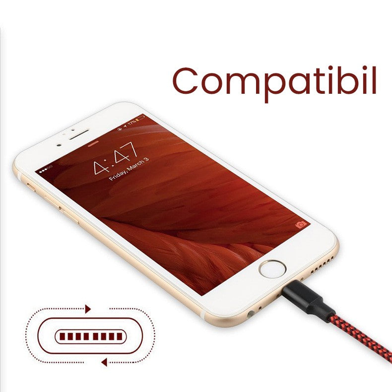 Cablu de Date si Incarcare Lightning, USB-A spre Lightning, Invelis Textil Impletit Triunghiular, Rezistent la Indoire, 1 m, Rosu/Negru