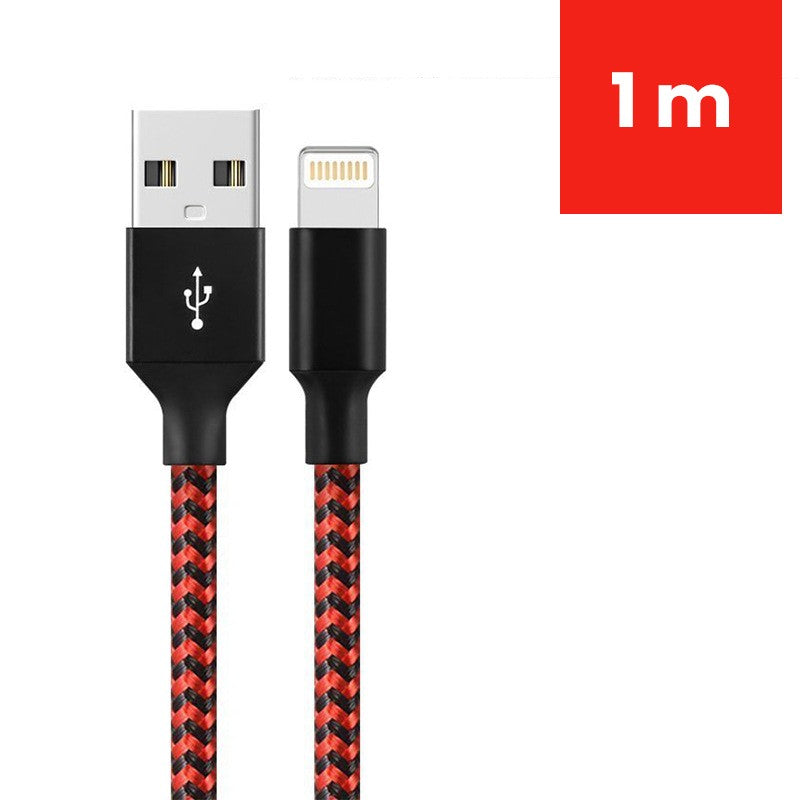 Cablu de Date si Incarcare Lightning, USB-A spre Lightning, Invelis Textil Impletit Triunghiular, Rezistent la Indoire, 1 m, Rosu/Negru