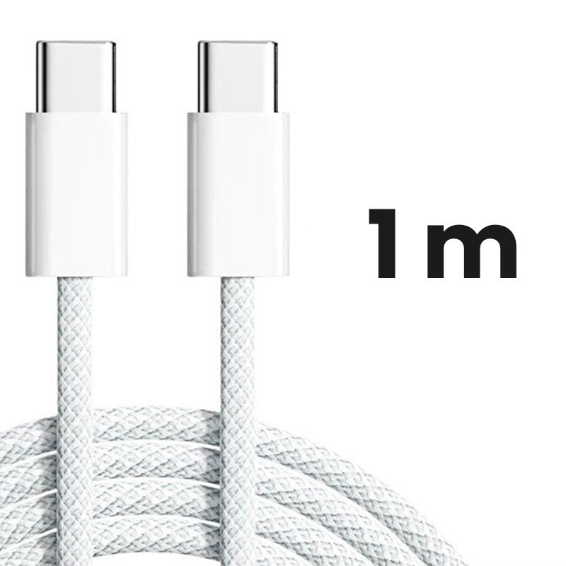 Cablu de Date si Incarcare Rapida USB Type-C la Type-C, Universal pentru Android si iOS, Interior 130 Fire Cupru, Invelis Nailon Impletit, 1 m, Alb