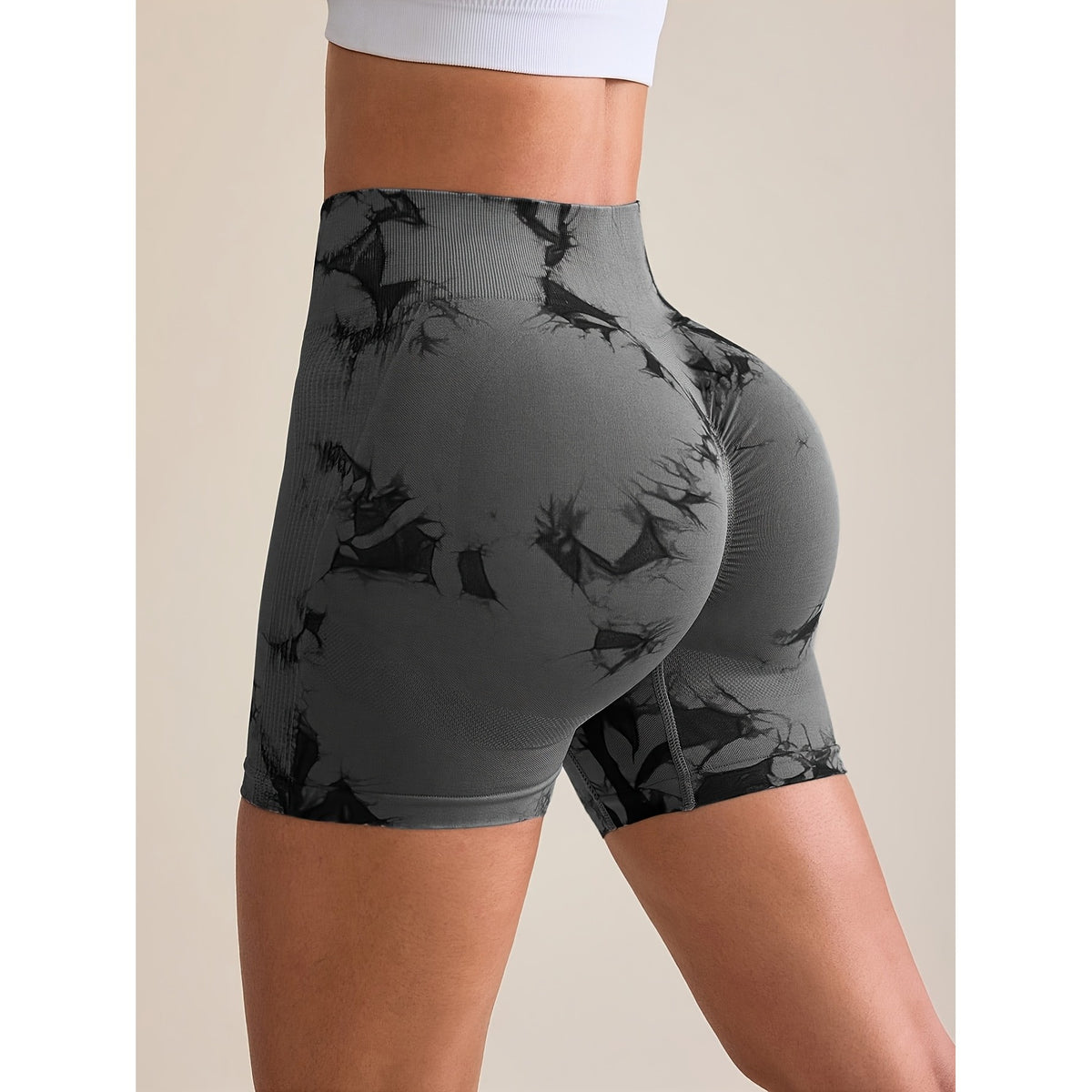 Pantaloni Scurti Fitness si Yoga Femei, Talie Inalta cu Efect Modelator si Push-Up, Material Elastic Squat Proof, Poliamida si Spandex, Gri, Marime M