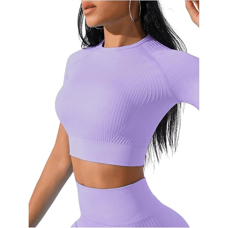 Costum Fitness Și Yoga Pentru Femei, Design Fără Cusături, Talie Înaltă, Material Elastic Din Spandex Și Nailon, Mov, Mărime S