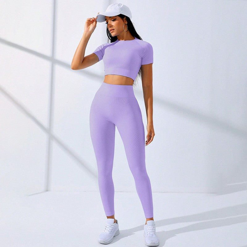 Costum Fitness Si Yoga Pentru Femei, Design Fara Cusaturi Cu Talie Inalta, Material Elastic Din Spandex Si Nailon, Set Sport Cu Maneca Scurta, Mov, Marime M