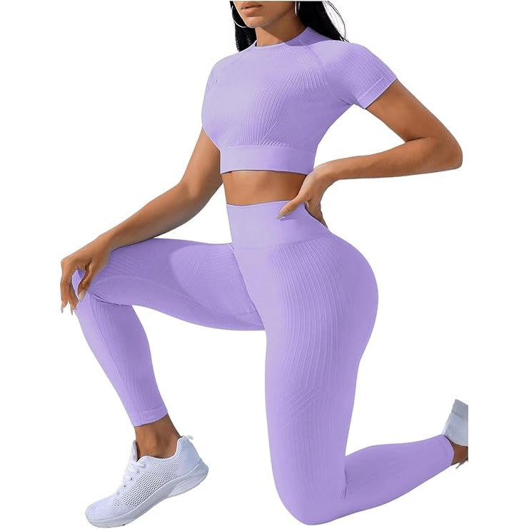 Costum Fitness si Yoga pentru Femei, Set Sport cu Talie Inalta si Tricou cu Maneca Scurta, Design Fara Cusaturi, Material Elastic din Spandex si Nailon, Mov, Marime L
