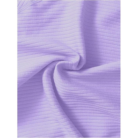 Costum Fitness si Yoga pentru Femei, Set Sport cu Talie Inalta si Tricou cu Maneca Scurta, Design Fara Cusaturi, Material Elastic din Spandex si Nailon, Mov, Marime L