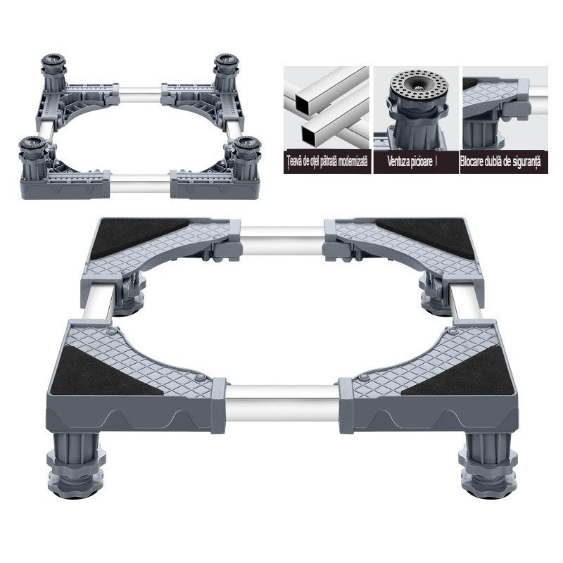 Suport Universal Reglabil pentru Masina de Spalat si Frigider, Baza Antivibratii cu 4 Picioare Antiderapante, Otel Inoxidabil si Plastic, 45-63 cm, Gri
