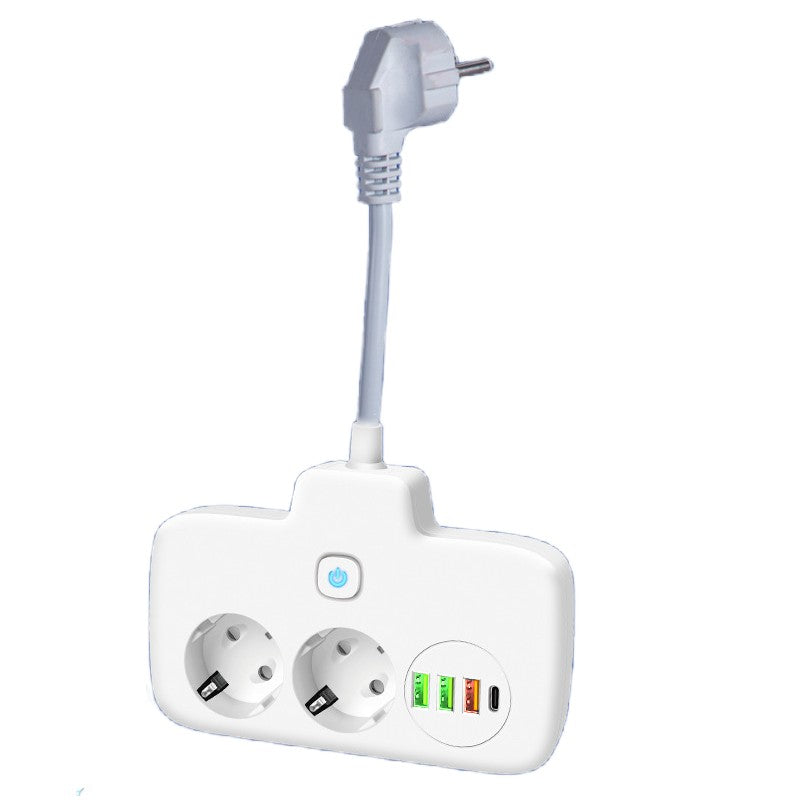 Adaptor Priza 6 in 1, Multiplu cu 2 Prize Standard, 3 Porturi USB si 1 Port Tip C, Comutator ON/OFF, Protectie Suprasarcina, Material PC Ignifug, 2500W, 10A, Alb