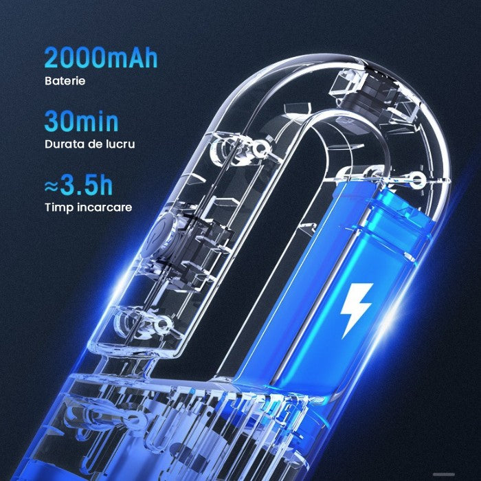 Aspirator Auto Portabil Fara Fir, Vacuum Dual pentru Masina si Casa, Putere 120W, Aspirare 6000Pa, Acumulator 2000mAh, Material ABS, 30 x 7.5 cm, Negru