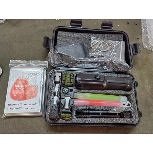 Kit Supravietuire Multifunctional, Set Instrumente Profesionale si Trusa de Prim-Ajutor, pentru Camping si Drumetii, Cutie Protectie Tip Valiza, 130x210 cm, Negru