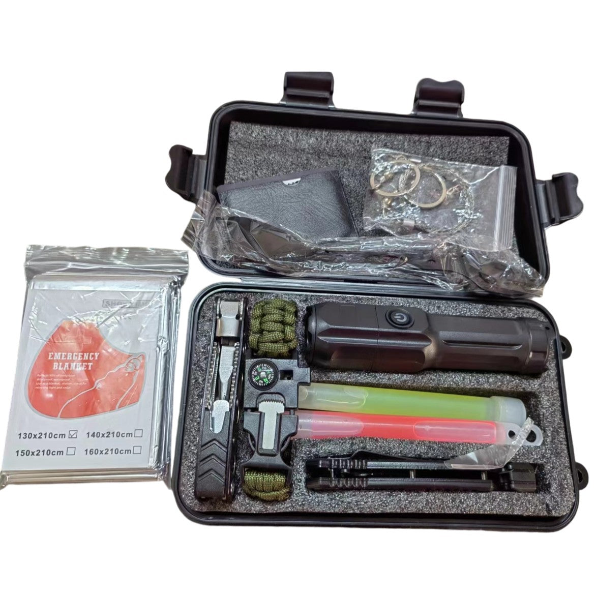Kit Supravietuire Multifunctional, Set Instrumente Profesionale si Trusa de Prim-Ajutor, pentru Camping si Drumetii, Cutie Protectie Tip Valiza, 130x210 cm, Negru