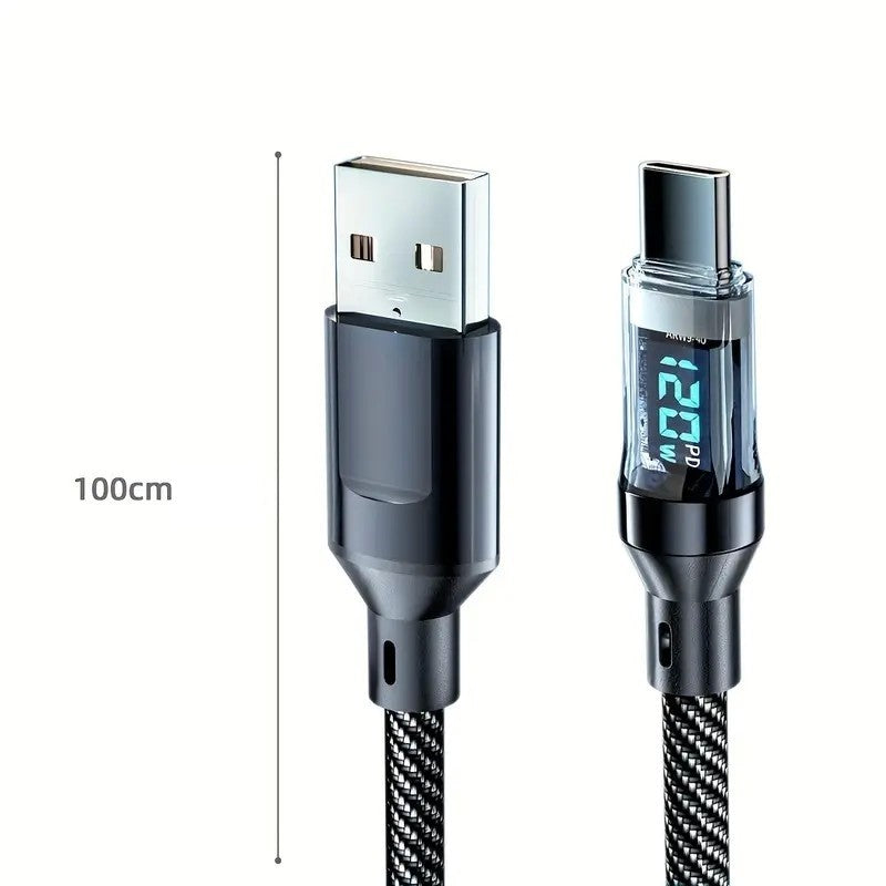 Cablu de Date USB la USB-C, Incarcare Rapida 120W 6A, Afisaj Digital LED, Oprire Automata Inteligenta, Nailon Impletit, 1 m, Negru