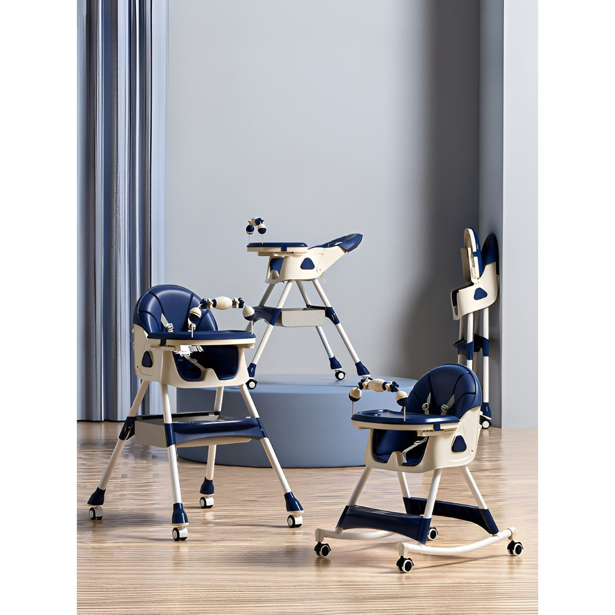 Scaun de Masa Multifunctional 3 in 1 pentru Copii, Functie Balansoar si Roti cu Blocare, Spatar Reglabil, 2 Tavite Detasabile, Cos Depozitare, Centura 5 Puncte, Otel si Plastic, Albastru