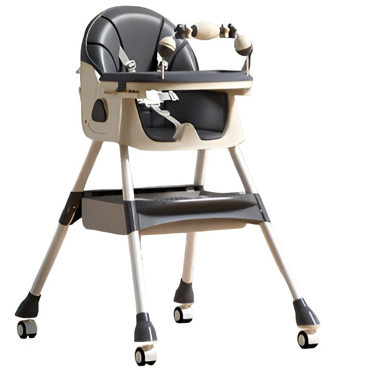 Scaun de Masa pentru Bebelusi si Copii 3 in 1, Multifunctional cu Functie Balansoar si Roti, Spatar Reglabil, 2 Tavite Detasabile, Centura Siguranta 5 Puncte, Cos Depozitare, Gri