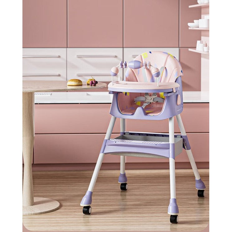 Scaun de Masa Multifunctional 3 in 1 pentru Copii, Functie Balansoar si Roti, Spatar Reglabil, Pliabil, Centura 5 Puncte, Tavita Dubla si Cos Depozitare, 6 Luni+, Mov