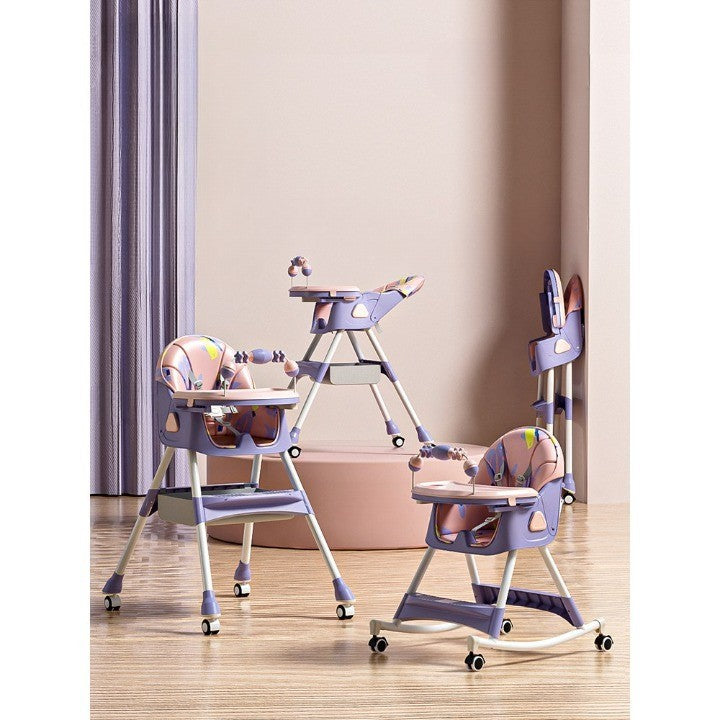 Scaun de Masa Multifunctional 3 in 1 pentru Copii, Functie Balansoar si Roti, Spatar Reglabil, Pliabil, Centura 5 Puncte, Tavita Dubla si Cos Depozitare, 6 Luni+, Mov