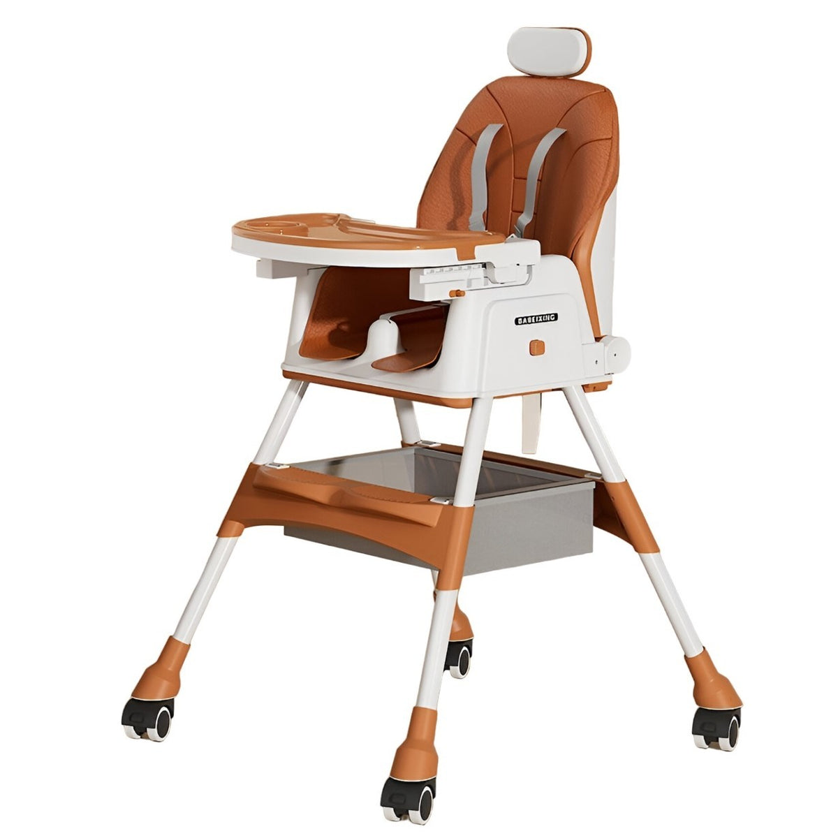 Scaun de Masa pentru Bebelusi si Copii, Telescopic si Pliabil, Roti cu Blocare, Masuta Reglabila, Tetiera, Centura 5 Puncte, Invelis Piele Artificiala, Cos Depozitare, 97 x 73 x 65 cm, Maro