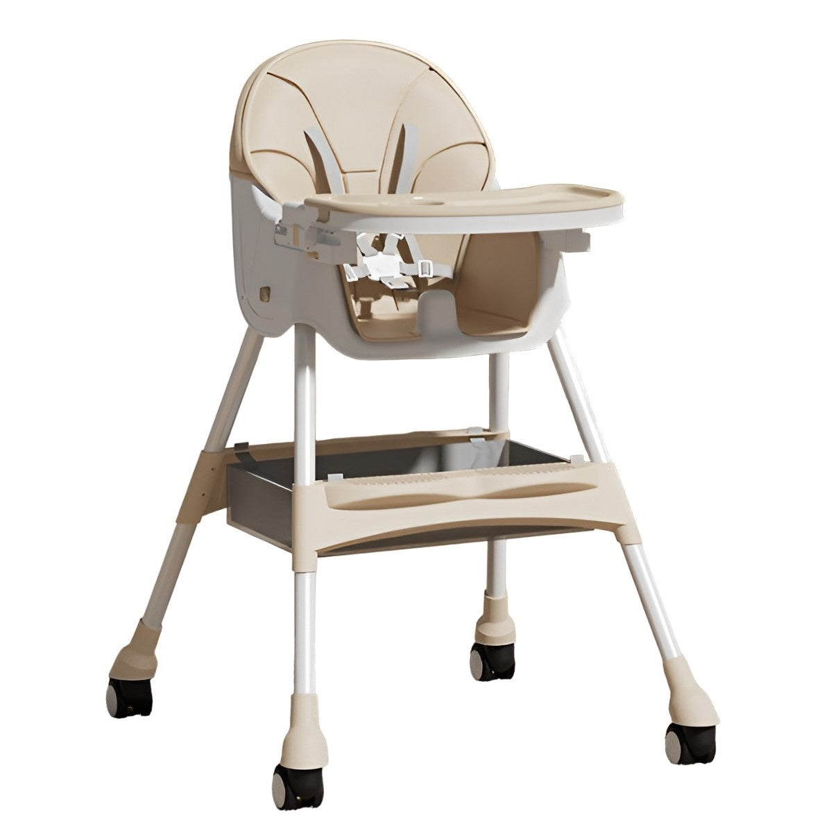 Scaun de Masa pentru Bebelusi si Copii, Inaltime Telescopica, Pliabil cu Roti si Masuta Reglabila, Piele Ecologica, Centura 5 Puncte, Suport Picioare, Cos Depozitare, 97x73x65 cm, Bej