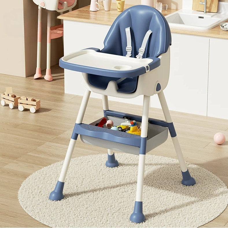 Scaun de Masa pentru Bebelusi si Copii, Inaltime Telescopica si Spatar Reglabil, Pliabil, cu Roti, Masuta Detasabila, Tapiterie Piele Ecologica, Centura 5 Puncte, 97x73x65 cm, Albastru