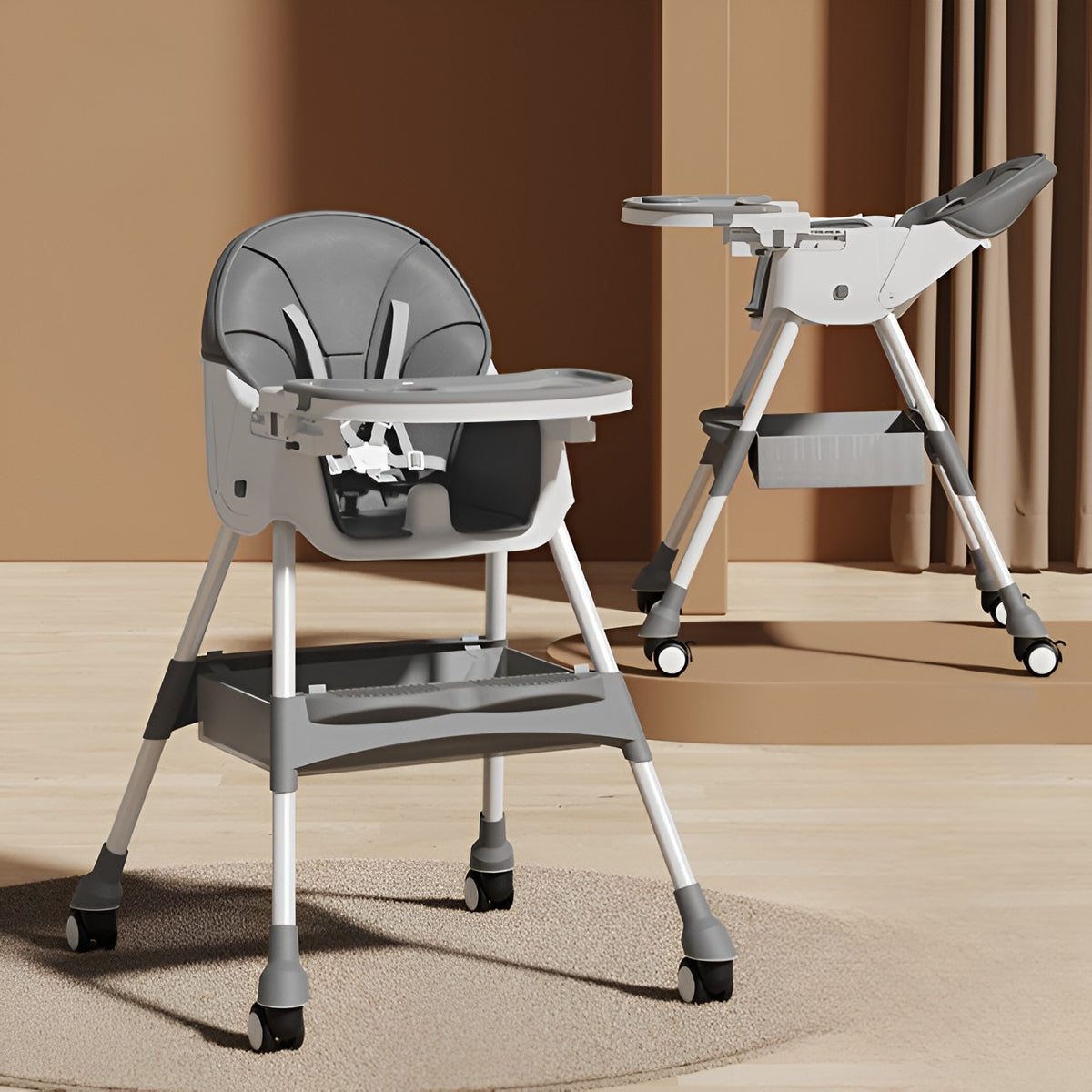 Scaun de Masa pentru Bebelusi si Copii, Telescopic si Pliabil, Roti cu Blocare, Masuta Reglabila, Tapiterie Piele Ecologica, Centura 5 Puncte, Cos Depozitare, 97x73x65 cm, Gri