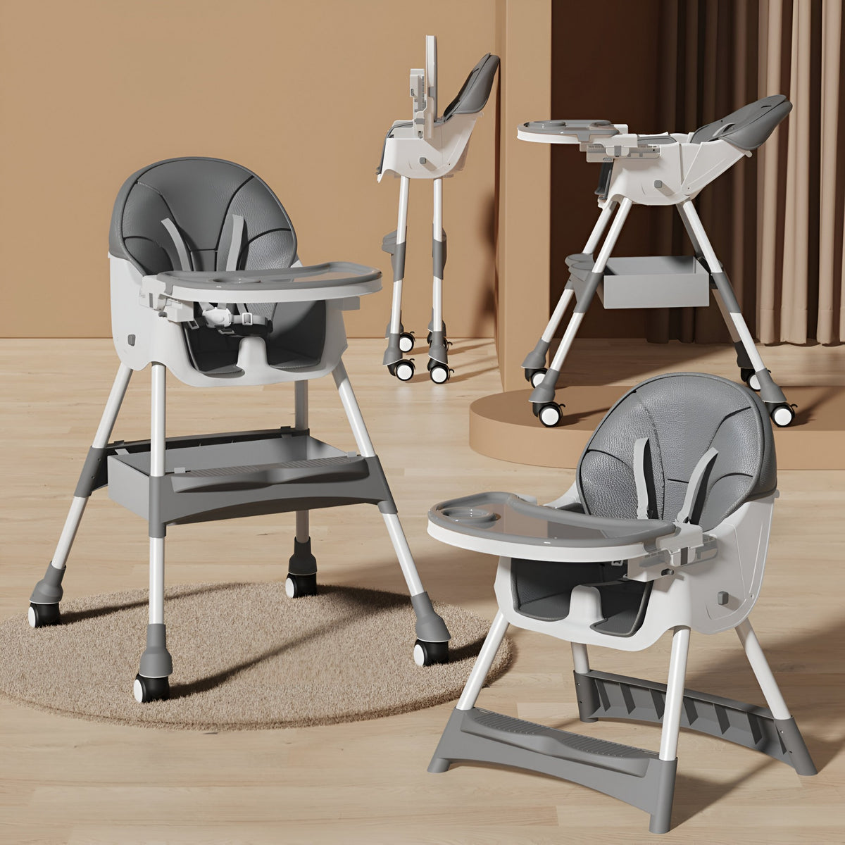 Scaun de Masa pentru Bebelusi si Copii, Telescopic si Pliabil, Roti cu Blocare, Masuta Reglabila, Tapiterie Piele Ecologica, Centura 5 Puncte, Cos Depozitare, 97x73x65 cm, Gri