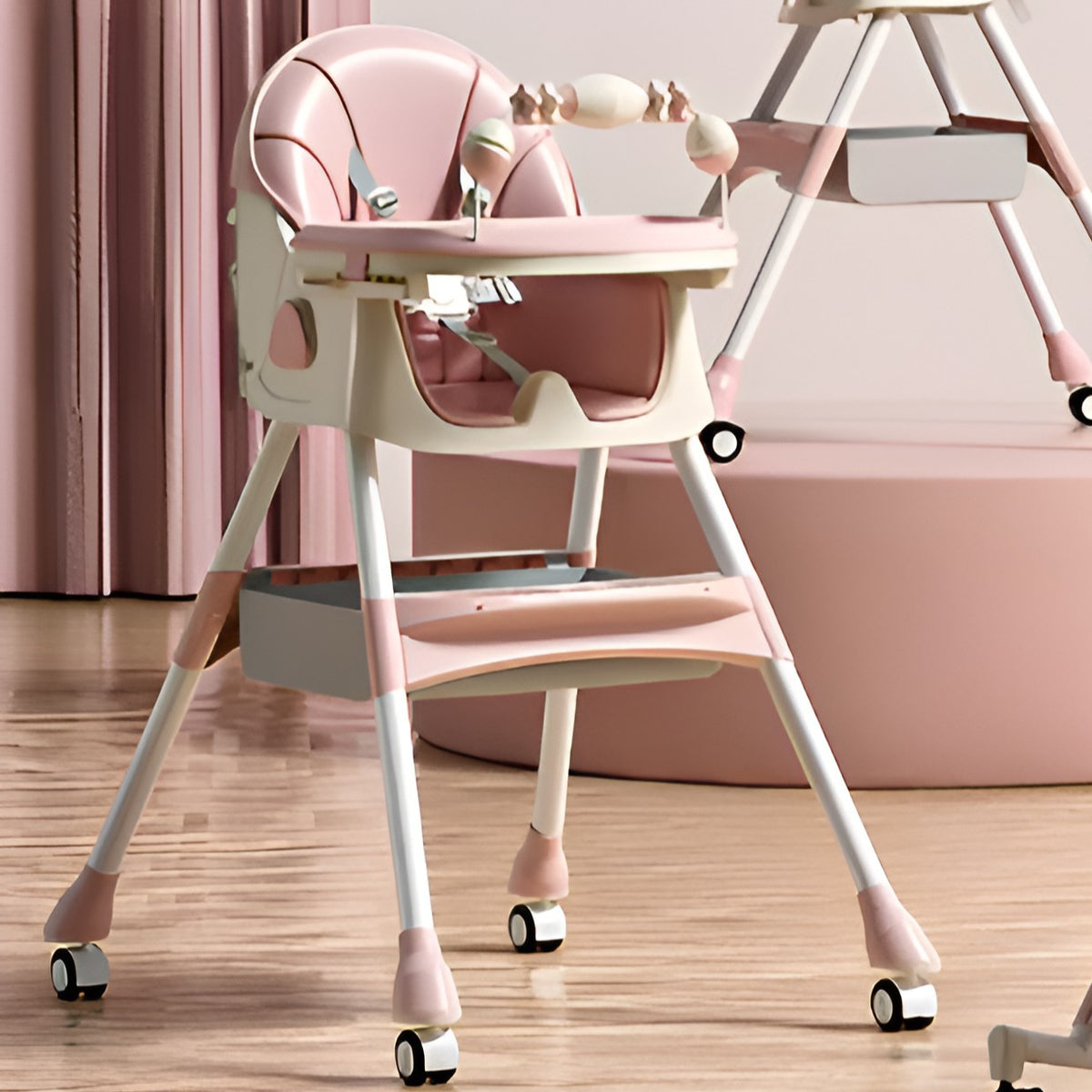 Scaun de Masa Multifunctional 3 in 1 pentru Copii, Functie Balansoar, Roti cu Blocare si Spatar Reglabil, Pliabil, Cos Depozitare, Husa Detasabila, de la 6 Luni, Roz