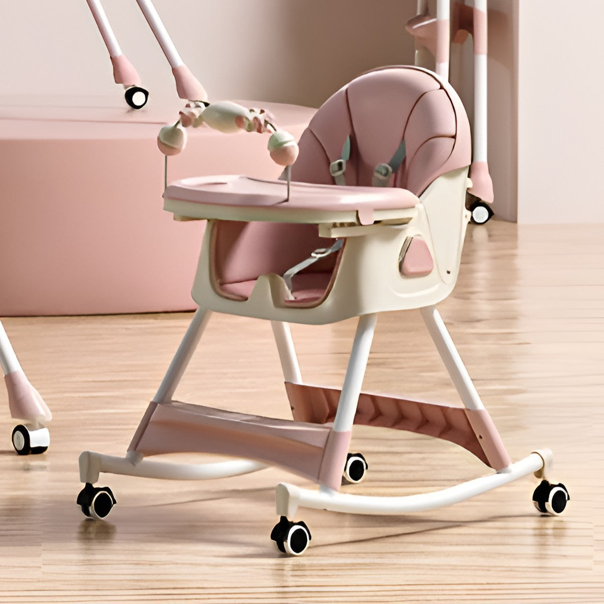 Scaun de Masa Multifunctional 3 in 1 pentru Copii, Functie Balansoar, Roti cu Blocare si Spatar Reglabil, Pliabil, Cos Depozitare, Husa Detasabila, de la 6 Luni, Roz