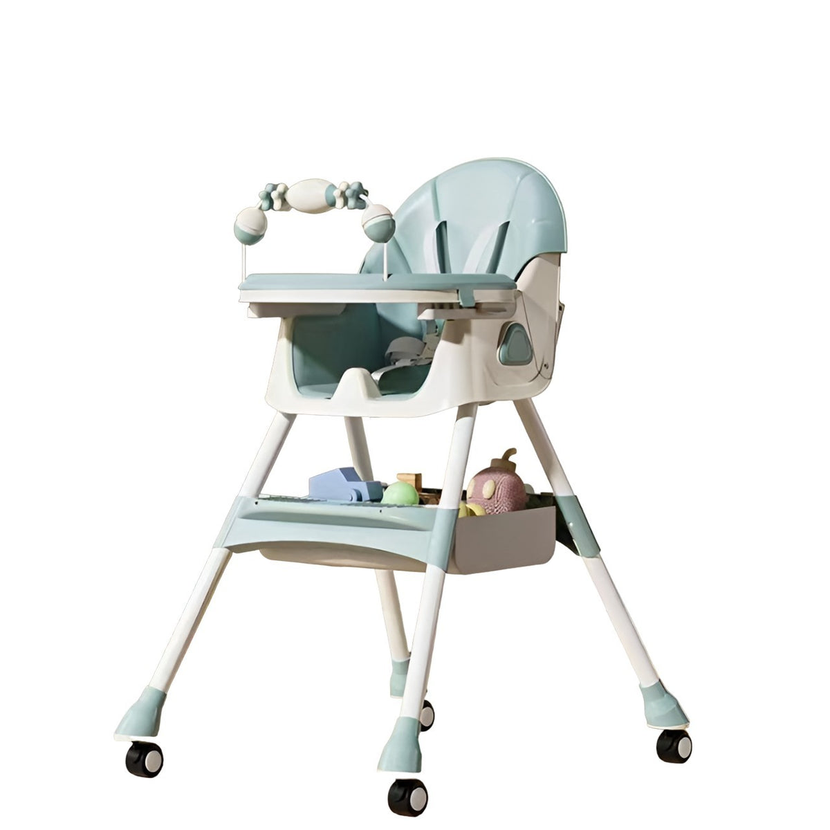 Scaun de Masa 3 in 1 Multifunctional pentru Copii, Functie Balansoar si Spatar Reglabil, Pliabil, Roti cu Blocare, 2 Tavite si Husa Detasabile, Cos Depozitare, Centura 5 Puncte, Verde