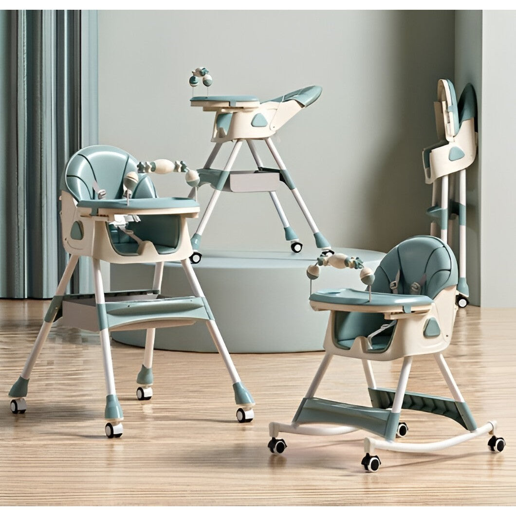 Scaun de Masa 3 in 1 Multifunctional pentru Copii, Functie Balansoar si Spatar Reglabil, Pliabil, Roti cu Blocare, 2 Tavite si Husa Detasabile, Cos Depozitare, Centura 5 Puncte, Verde