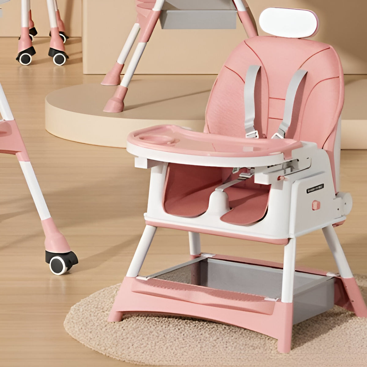 Scaun de Masa pentru Bebelusi si Copii, Pliabil si Telescopic, cu Roti, Masuta Reglabila si Cos Depozitare, Husa Piele Ecologica, 97 x 73 x 65 cm, Roz
