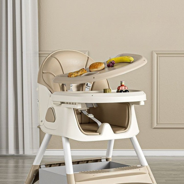 Scaun de Masa Multifunctional 3 in 1 pentru Copii, Functie Balansoar si Roti cu Blocare, Spatar Reglabil si 2 Tavite Detasabile, Centura in 5 Puncte, Otel si Plastic, 6 Luni+, Crem
