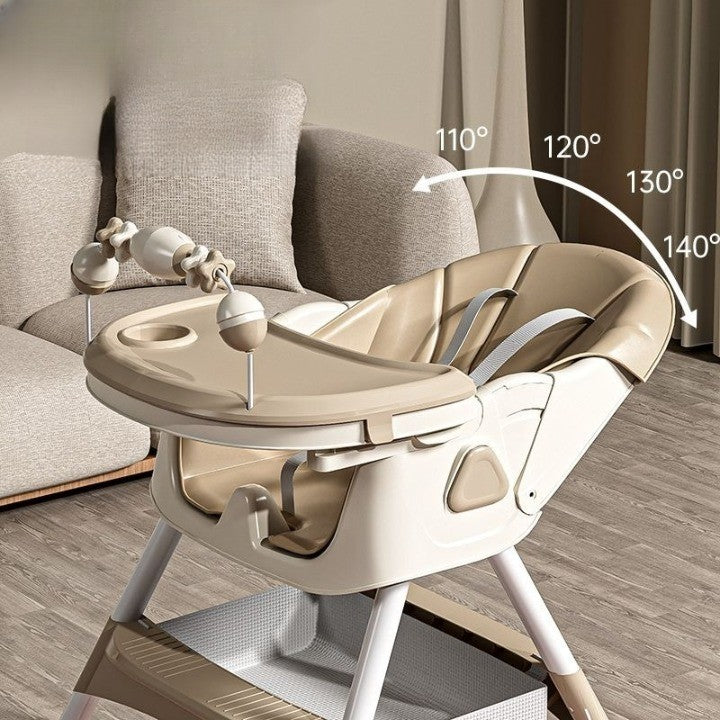 Scaun de Masa Multifunctional 3 in 1 pentru Copii, Functie Balansoar si Roti cu Blocare, Spatar Reglabil si 2 Tavite Detasabile, Centura in 5 Puncte, Otel si Plastic, 6 Luni+, Crem