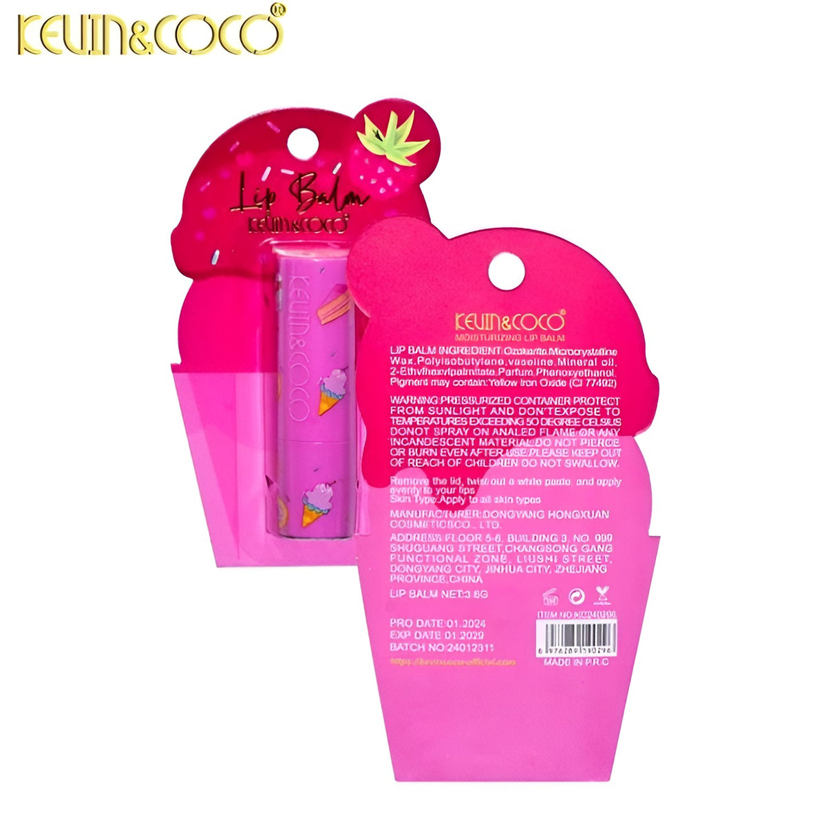 Kevin&Coco Balsam De Buze Ice Cream, Hidratare Si Textura Cremos-Catifelata, Formula Non-Toxica Si Cruelty-Free, 13.5x7.5x2 cm, Roz