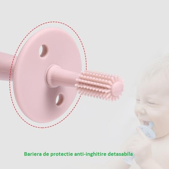 Periuță de Dinți pentru Bebeluși, Curățare 360 Grade, Barieră Anti-Înghițire și Ventuză, Silicon Alimentar fără BPA, 12.5 cm, Roz