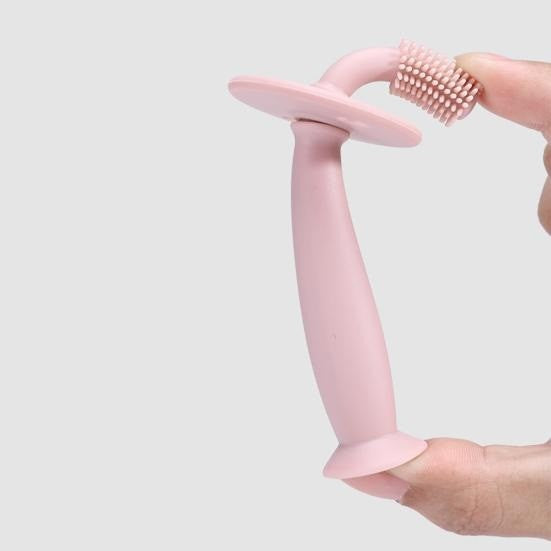 Periuță de Dinți pentru Bebeluși, Curățare 360 Grade, Barieră Anti-Înghițire și Ventuză, Silicon Alimentar fără BPA, 12.5 cm, Roz