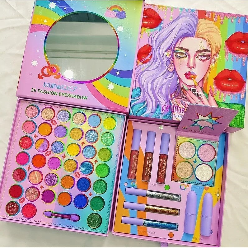 Kevin & Coco Set Machiaj Profesional Complet, Paletă 39 Culori Farduri de Ochi Pigmentate, Include Ruj, Gloss, Tuș și Fard de Obraz, Design Curcubeu, 1 Bucată
